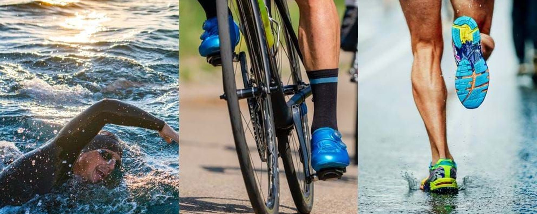 Swimmer in wetsuit, cyclist pedalling, and runner splashing on wet road.