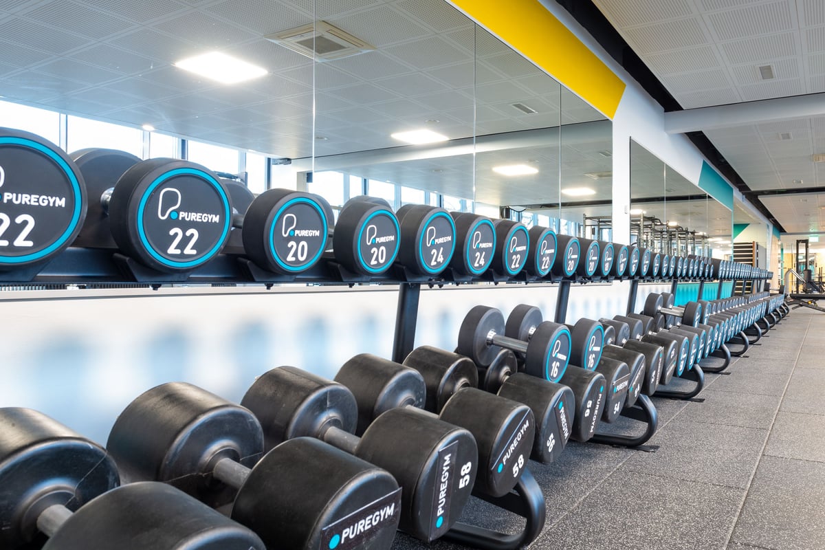 Rack d'haltères lourds de la gym Lochergut avec haltères PureGym jusqu'à 60kg