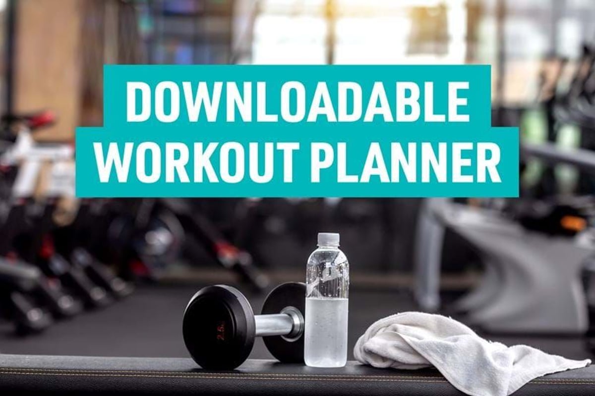 Dumbbell, water bottle, and towel on bench in gym with downloadable workout planner text