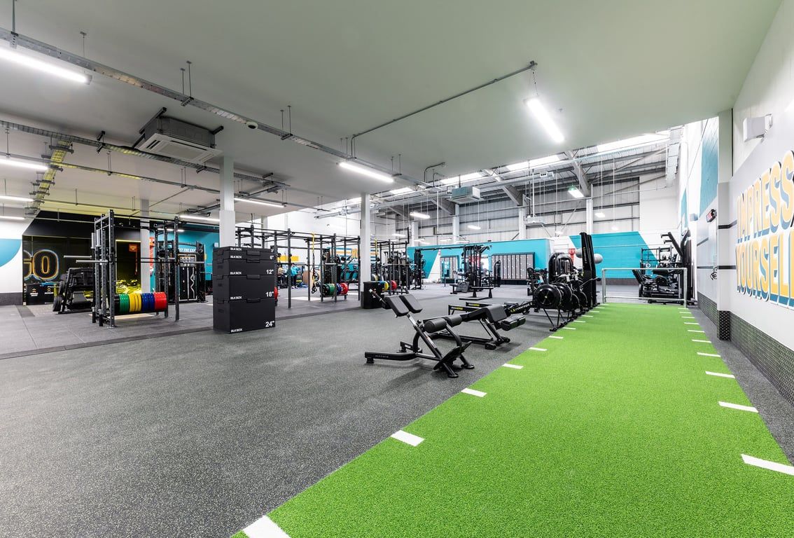 PureGym Dagenham: Gym with weight racks, exercise equipment, green turf area, and motivational wall graphics.