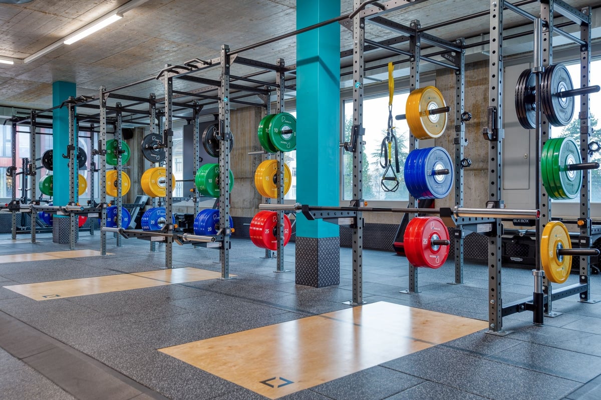 PureGym Lenzburg : zone d'haltères avec supports contenant des plaques d'haltères de différentes couleurs.