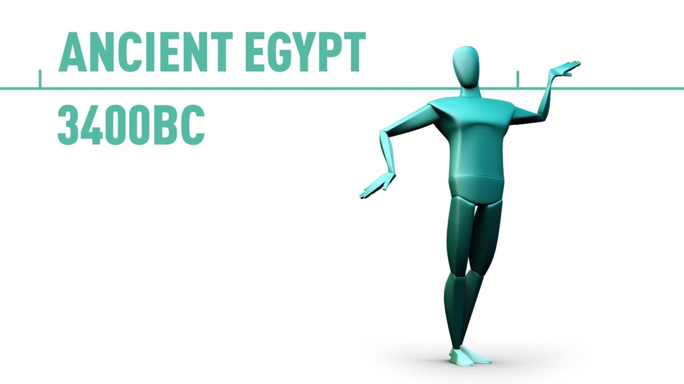 3D figure posing with text Ancient Egypt 3400 BC on white background