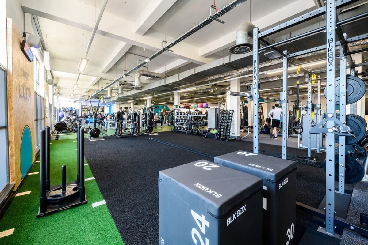 PureGym London Camden: Strength training area with squat racks, weight plates, turf sections, rubberized floor.
