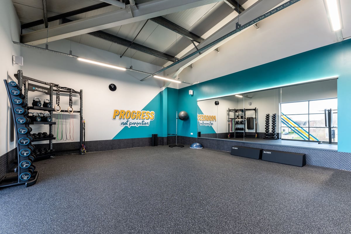 PureGym Glasgow Milngavie: Resistance machines, rig, weights, turf area for functional training, and rubberized flooring.