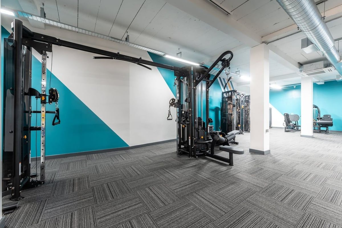 PureGym London Hornchurch: Resistance machines, pulley systems, rubberized flooring, and teal accent walls in a gym.