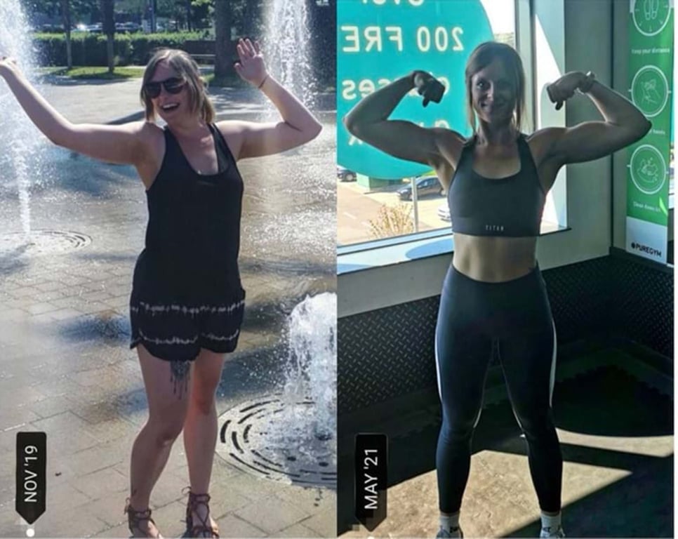 Woman in black dress by fountain and woman in sportswear flexing muscles indoors