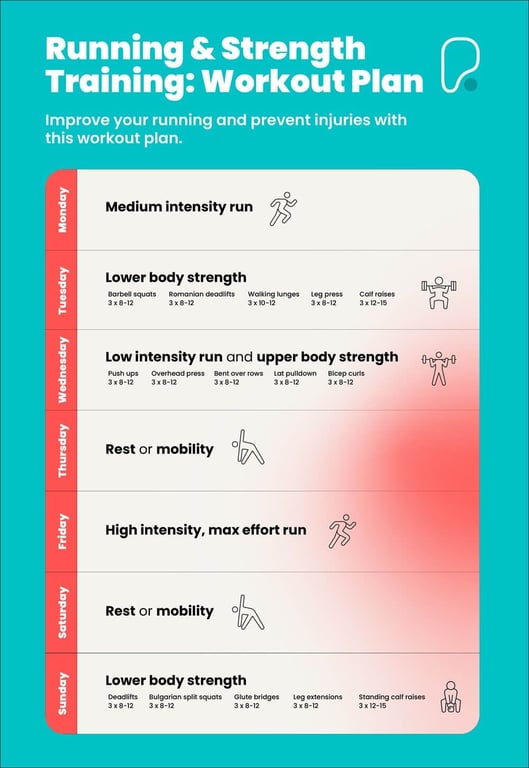 Weekly workout plan chart with running and strength training exercises