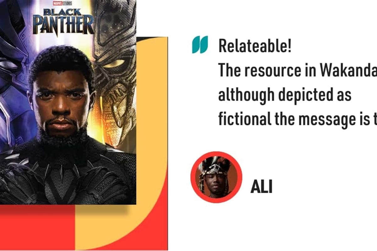 Black Panther poster with a quote about Wakanda and a small circular of a man.