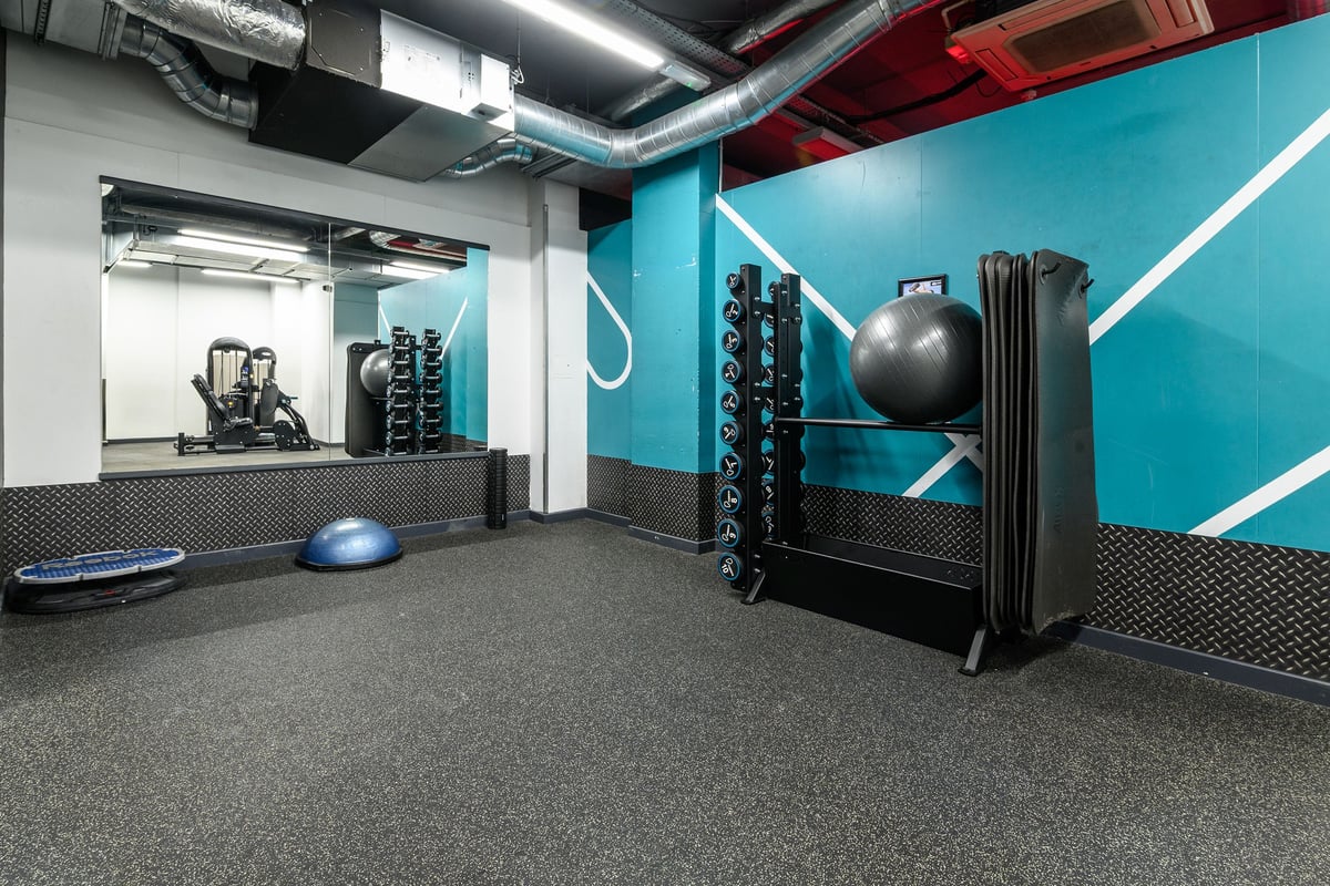 PureGym London Greenwich: Weight racks, exercise balls, free weights, rubberized flooring in blue and grey gym studio.
