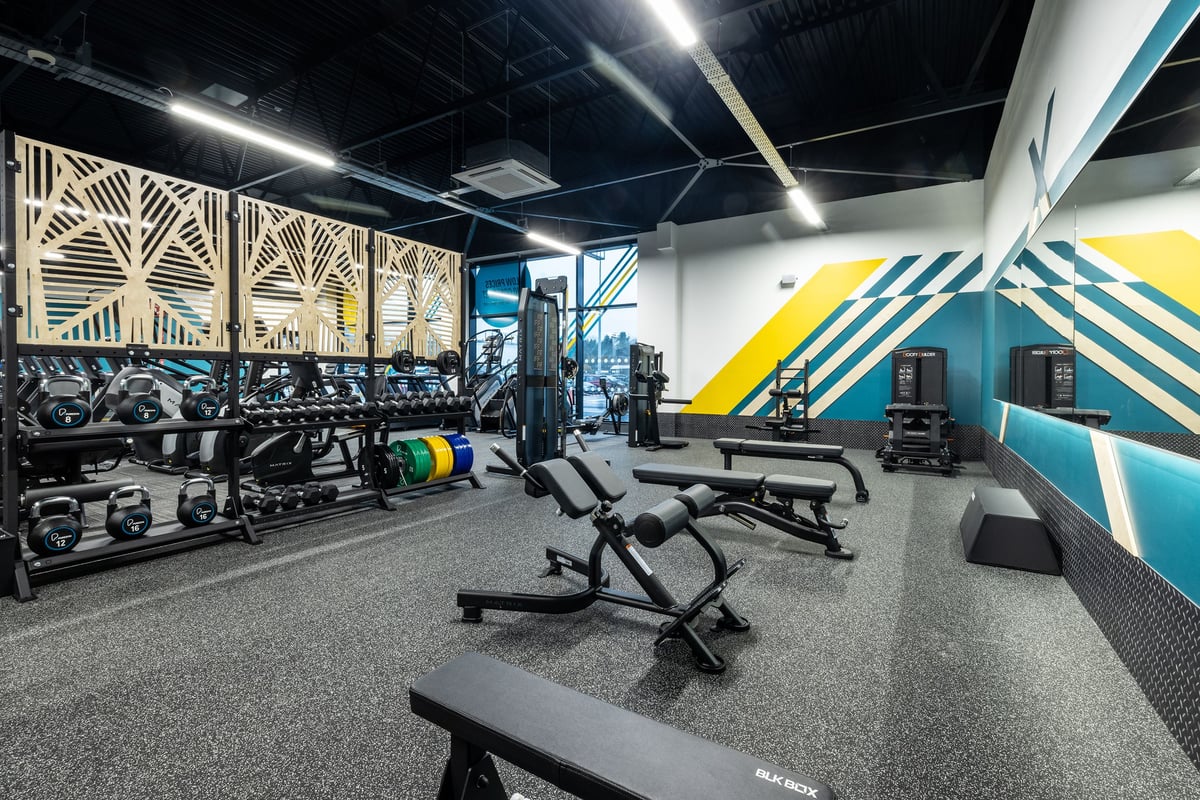 PureGym Washington: Weight stands, benches, mirrored walls, rubberized floors, and colourful wall patterns in a gym.