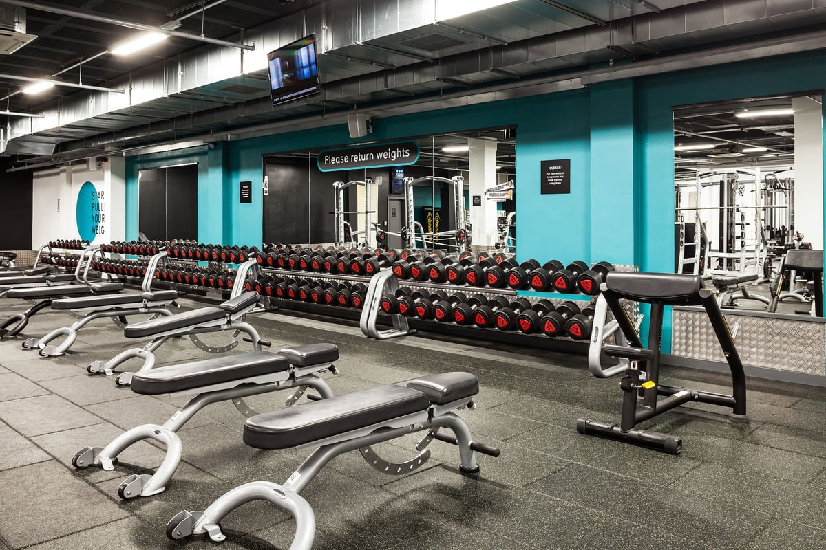 PureGym Altrincham: Rows of flat benches, dumbbells racks, resistance machines, TV display in teal and grey colour scheme.
