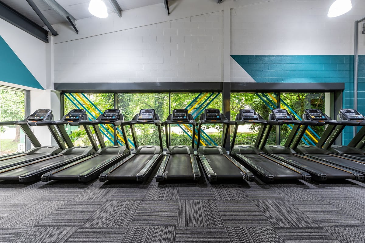 PureGym Banbury Cross Retail Park: Rows of treadmills facing large windows overlooking greenery in a fitness centre.
