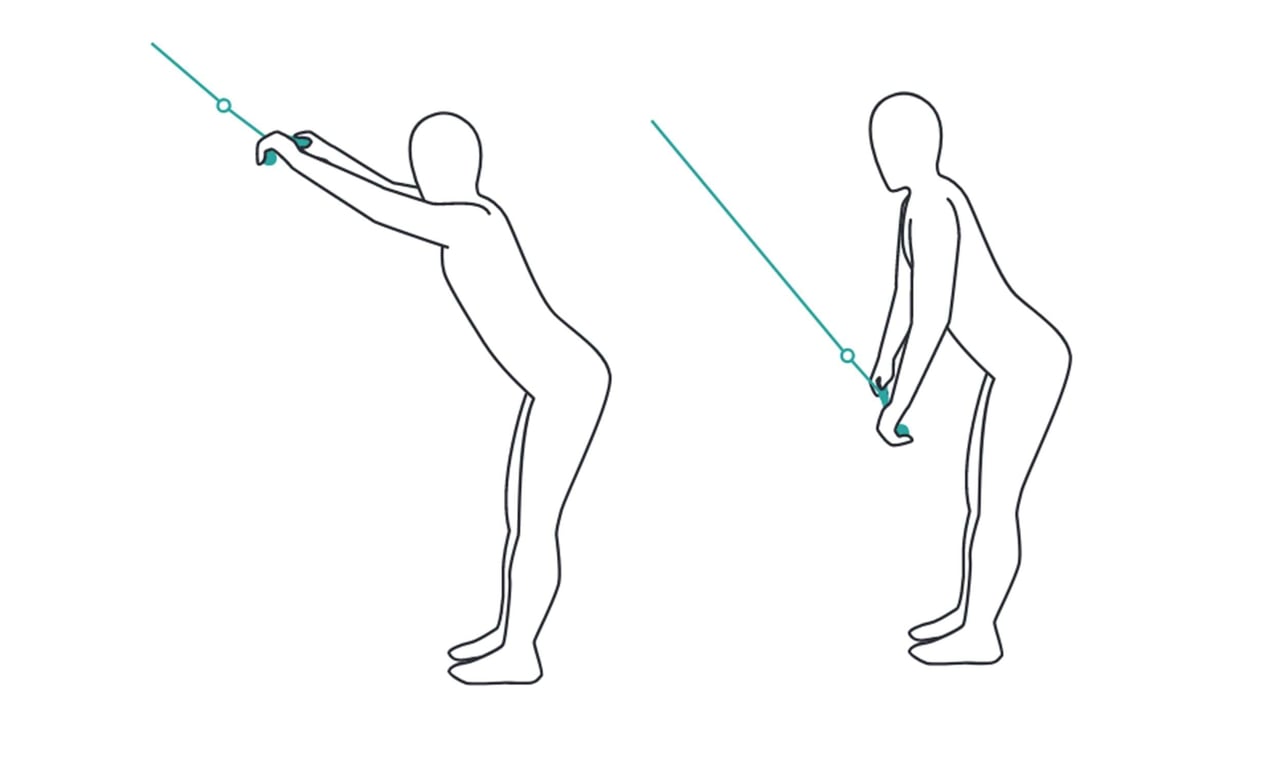 Two figures demonstrating a cable exercise with bent knees and arms extended forward and d