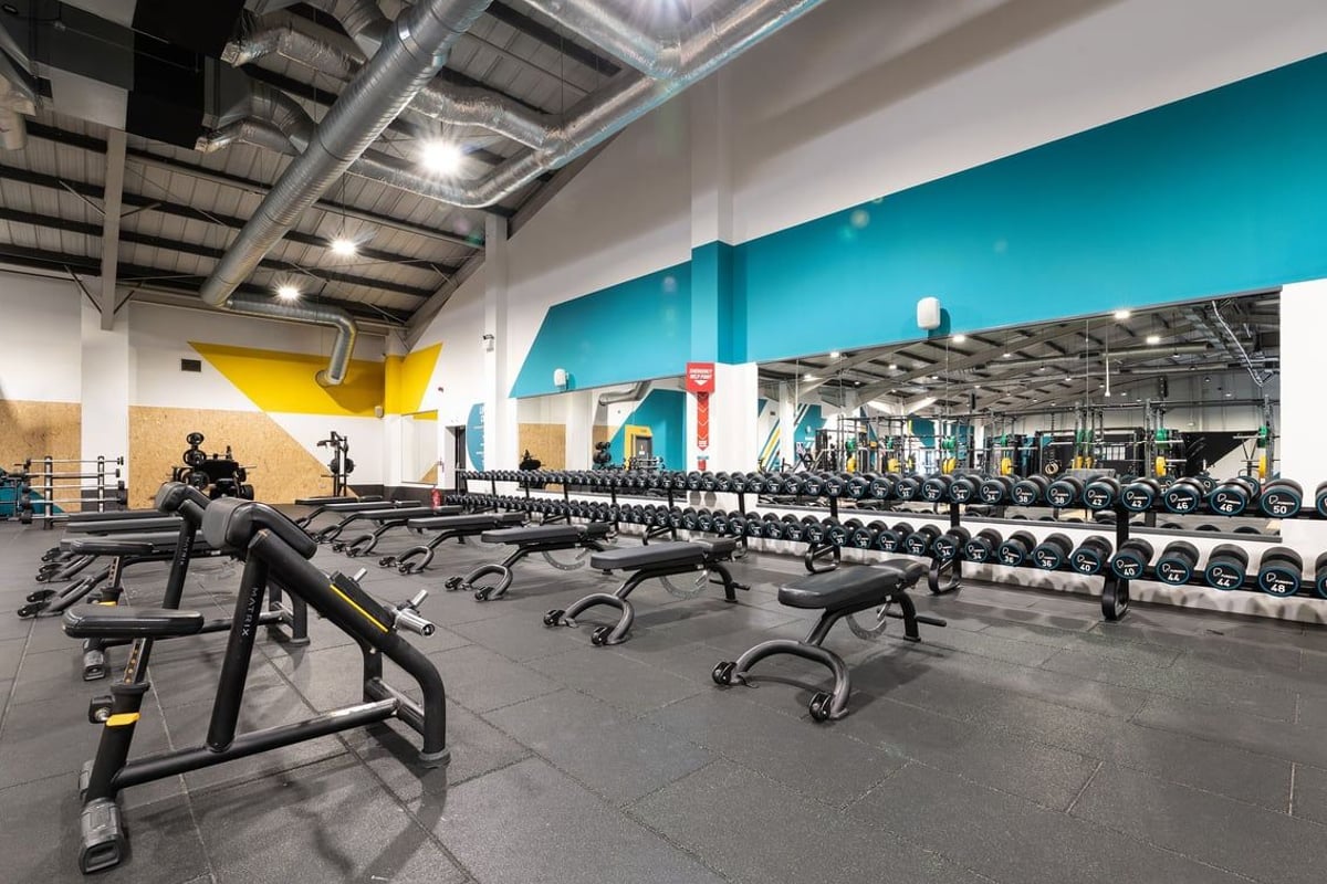 PureGym Leeds Bramley: Rows of benches, free weights, and weight plates on rubberized flooring.