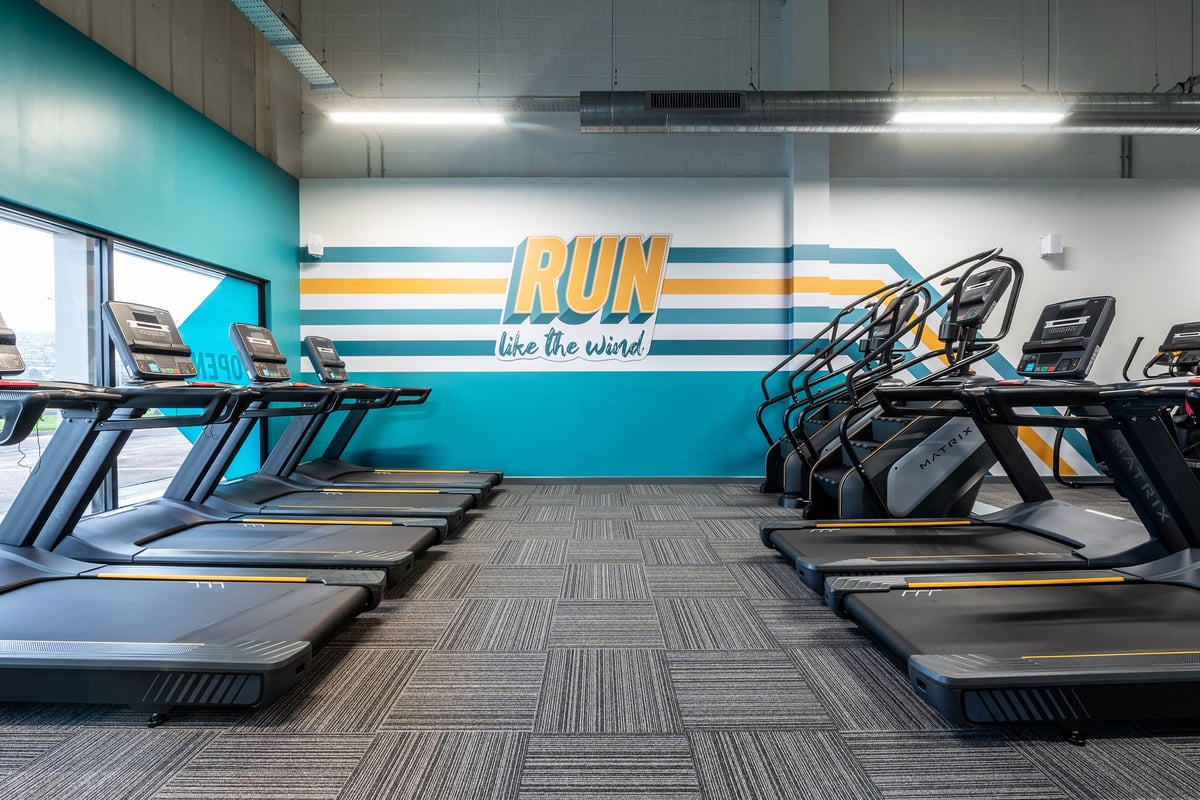 PureGym Newhaven: Rows of treadmills, wall mural with motivational slogan "Run like the wind".