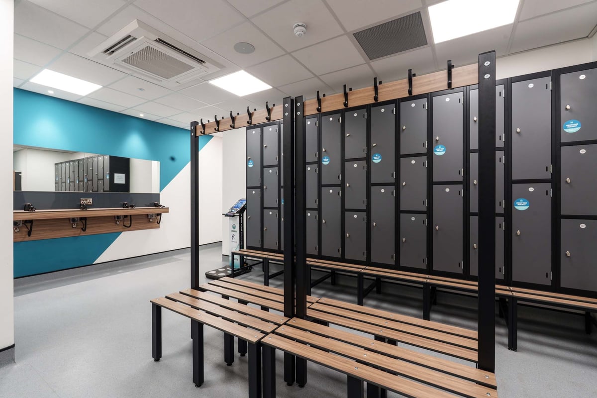 PureGym Bury Woodfields changing room with lockers and benches
