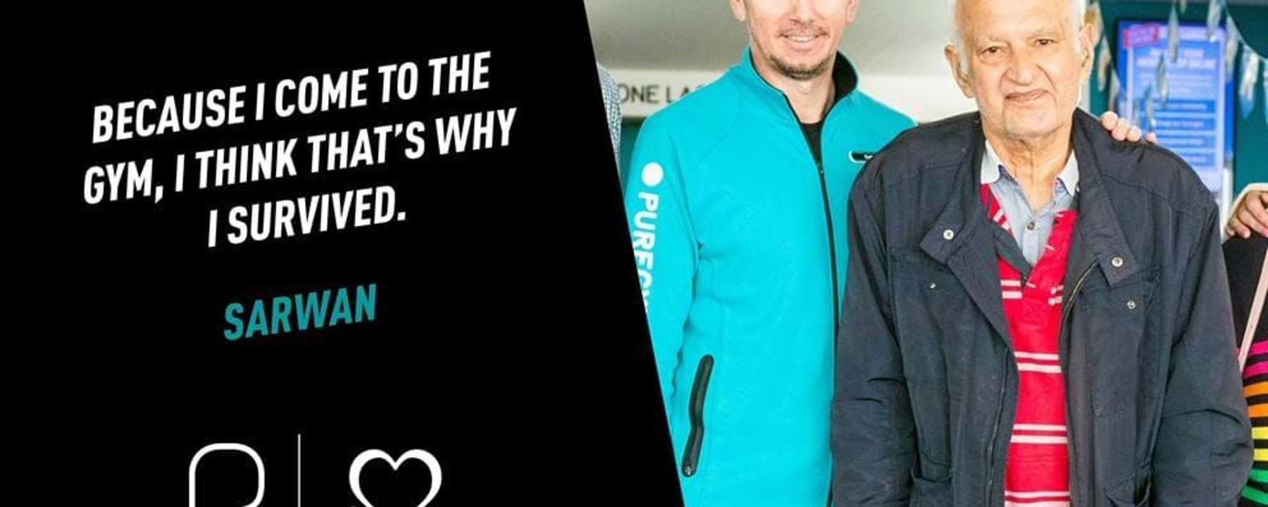 Two men standing side by side, one in a turquoise jacket and the other using a walker.
