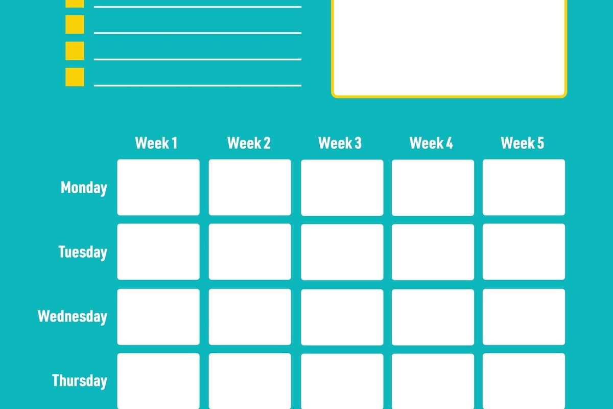 Monthly workout planner with goals, notes, and weekly boxes for each day of the week.