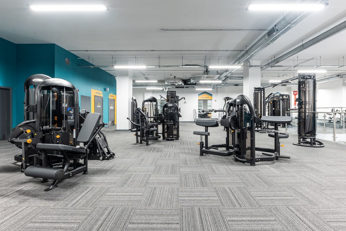 PureGym London Feltham: Weight machines, resistance equipment, adjustable benches, and patterned rubberized flooring.
