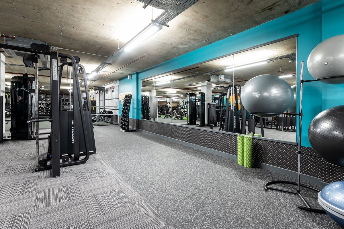 PureGym London Angel: Resistance machines, stability balls, free weights, mirrored walls in a contemporary gym interior.
