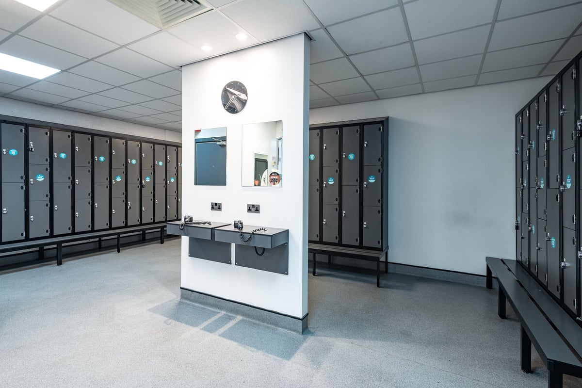 PureGym Coventry Skydome changing rooms with lockers, benches and hairdryers