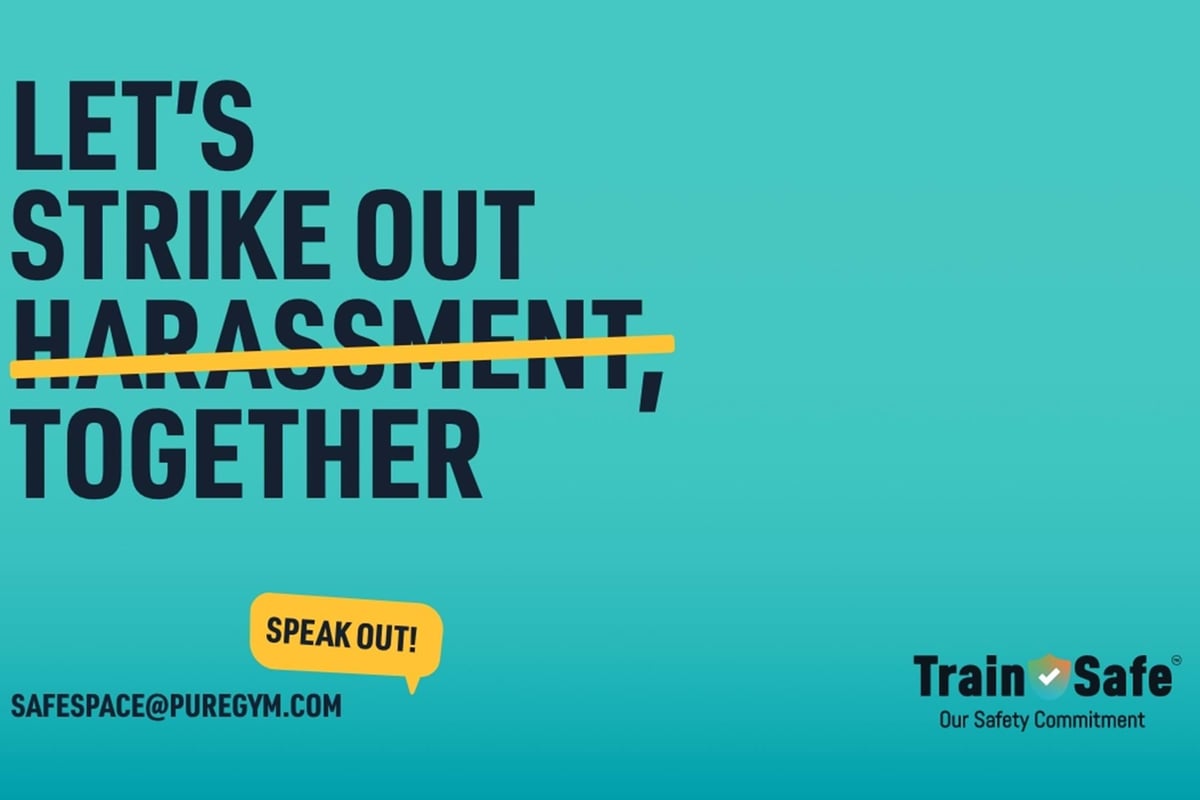 Train Safe word art with text let's strike out harassment together; harassment is scratched over with a yellow line