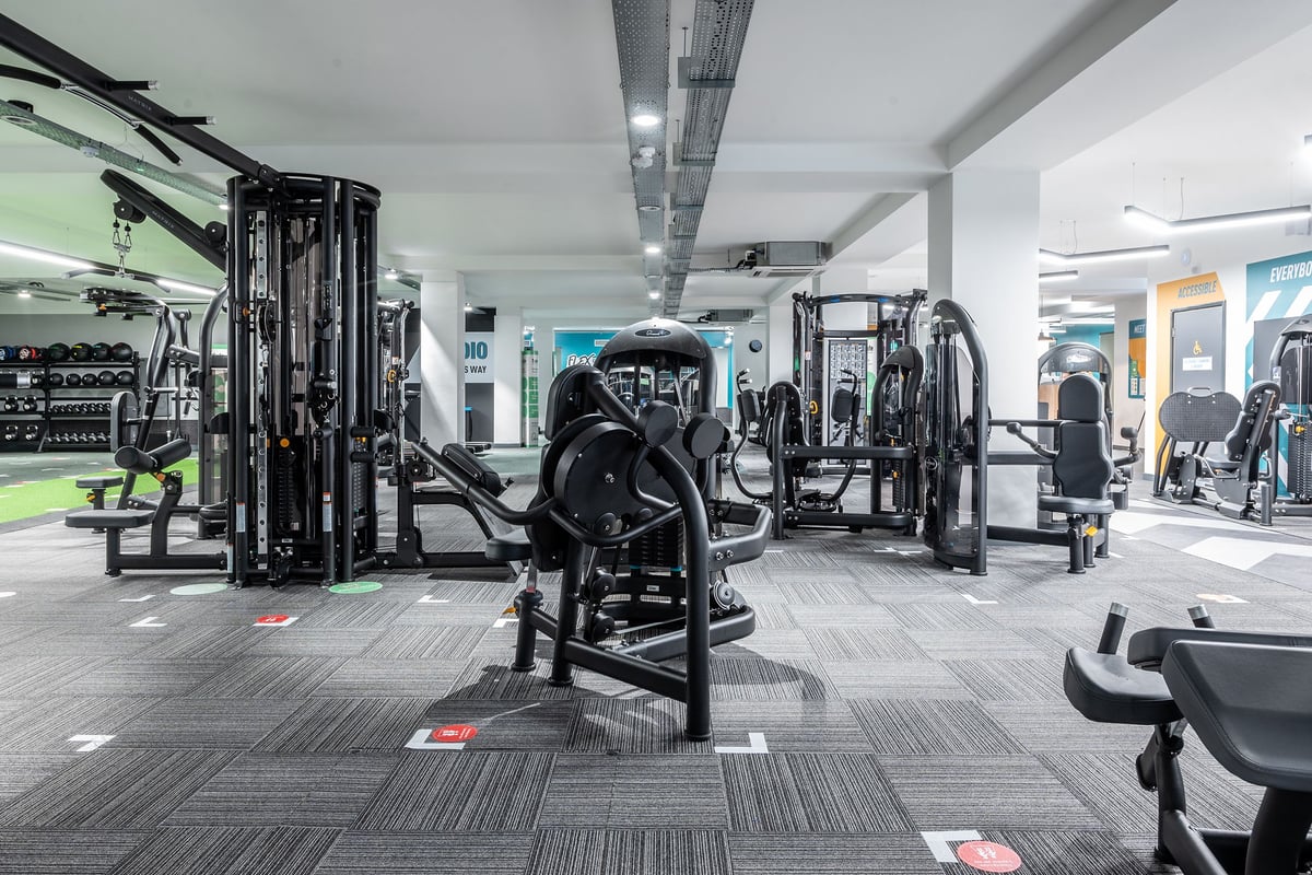PureGym London Twickenham: Cable machines, squat racks, weight benches, exercise balls, rubberized gym flooring.