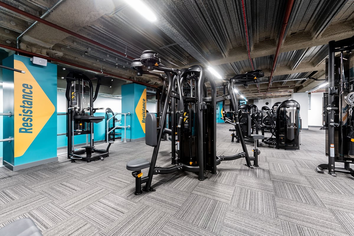 PureGym London Monument: Resistance machines, cable crossovers, free weights, mirrors, branded turquoise wall panels.