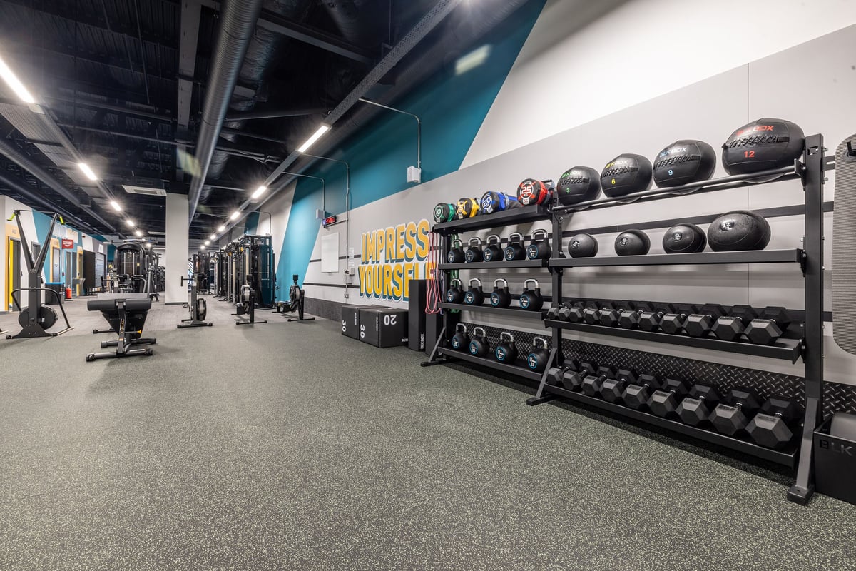 PureGym Hartlepool: Gym studio with weight racks, medicine balls, benches, and rubberized flooring in blue and white decor.