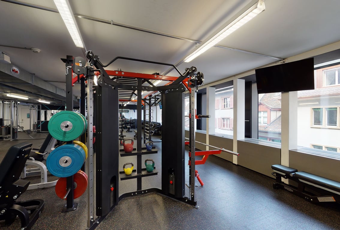 PureGym Basel Clara Huus: Fitnessstudio mit mehreren Stationen mit farbigen Hantelscheiben, Riemenscheibensystemen, gummiertem Boden und Fensterblick.