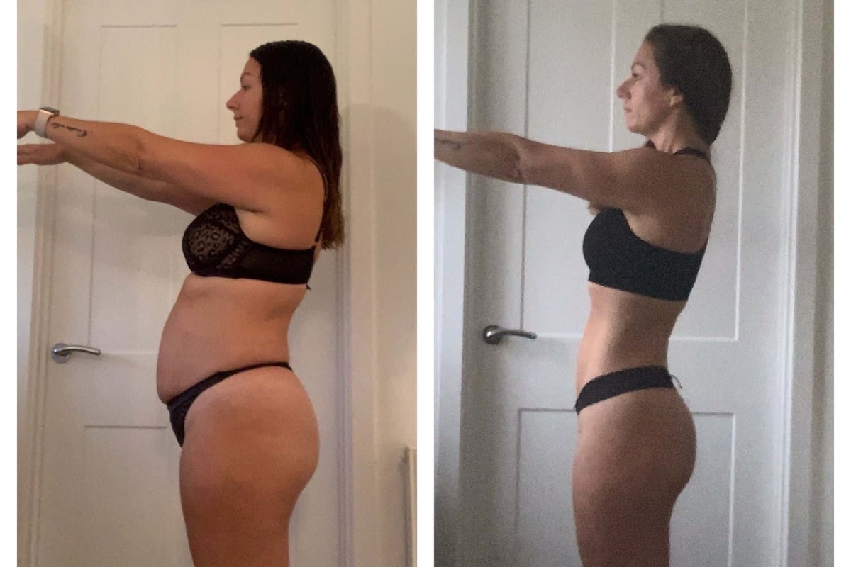 Woman in black underwear standing sideways with arms extended in front of a white door