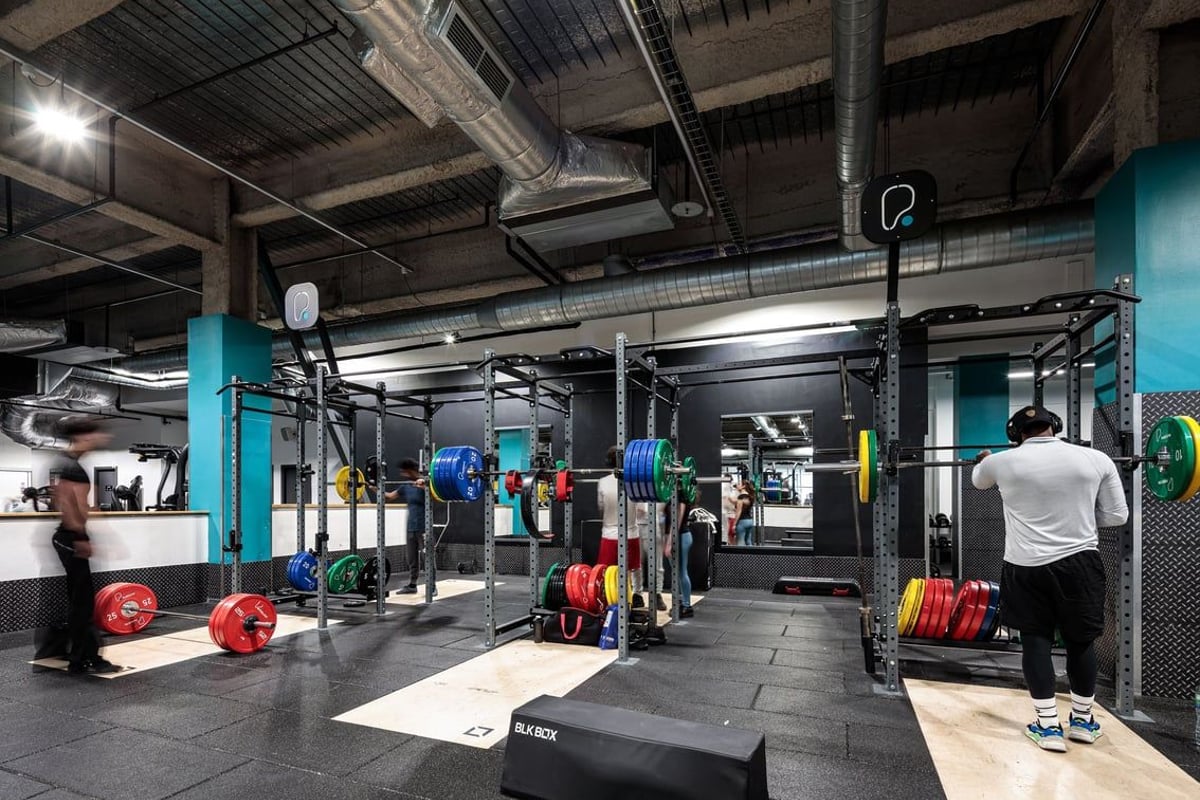 PureGym Cardiff Central: Weightlifting area with racks, plates in varied colours, rubberized floors, and some mirrored walls.