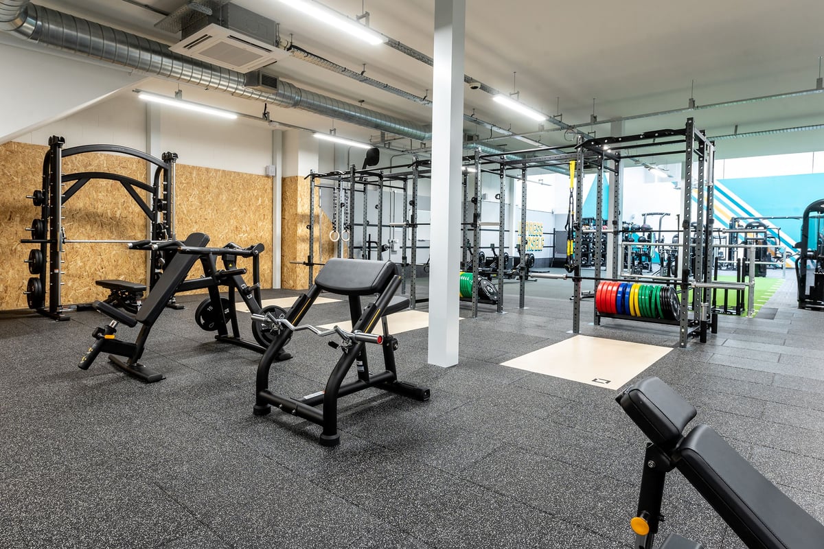 PureGym Chippenham: Gym space with rig, benches, weights, rubberised flooring, and mirrored wall.