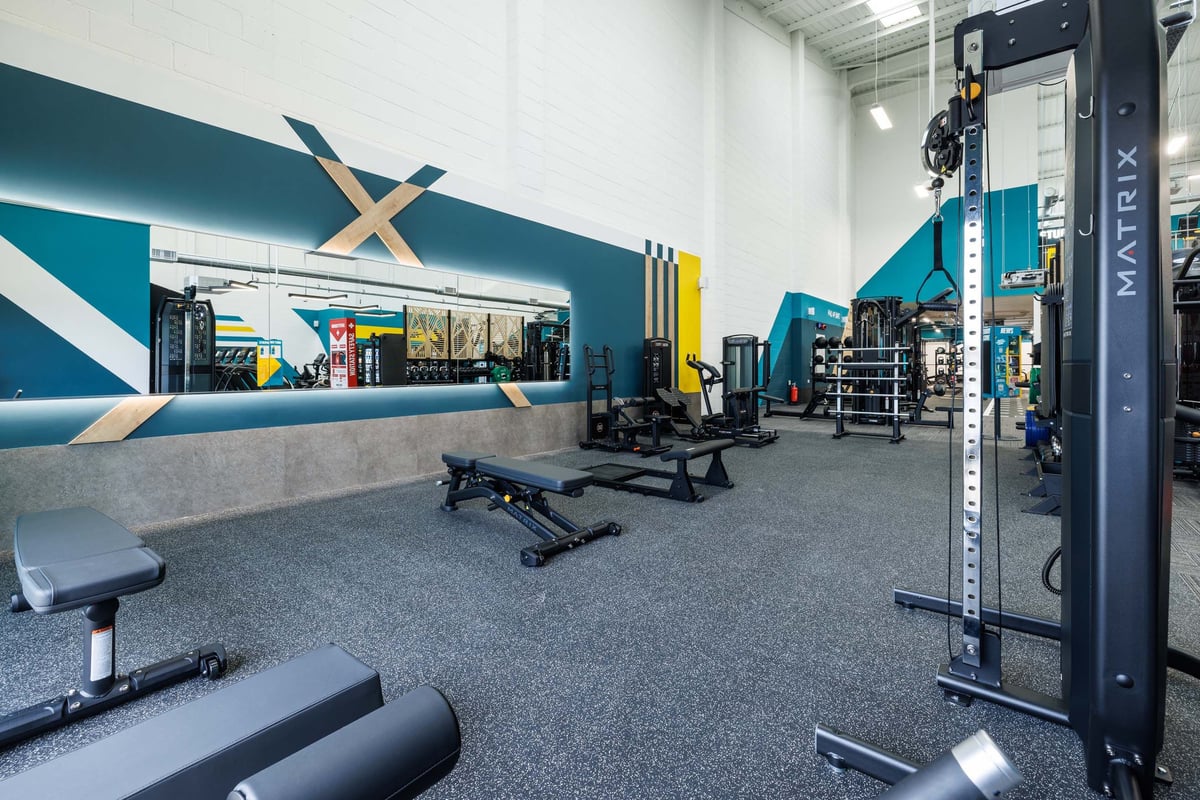 PureGym Cramlington stretch area with large mirror