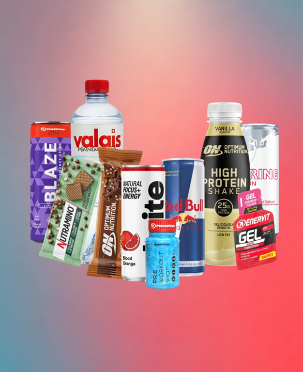 Assortiment de boissons énergétiques et barres protéinées