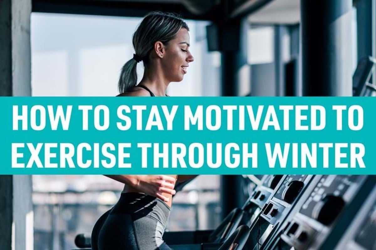 Woman running on treadmill in gym with text about staying motivated to exercise through wi