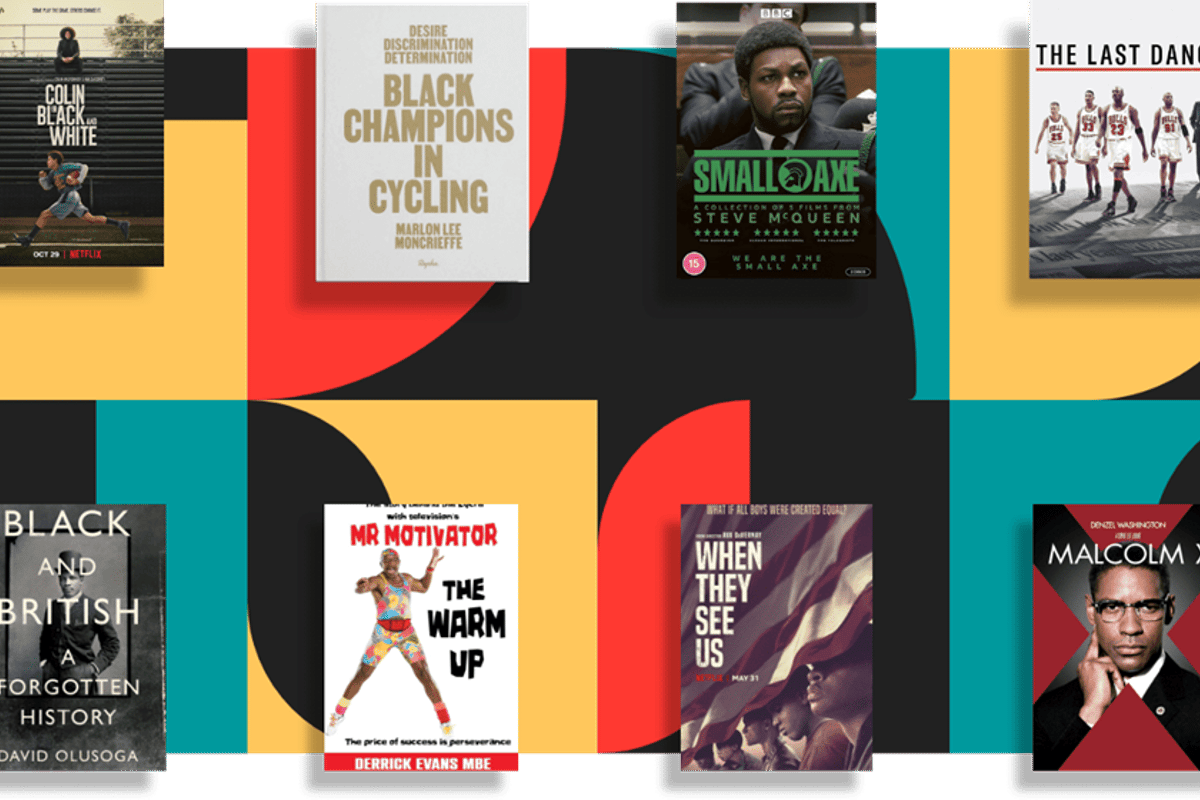 Collage of eight book and film covers related to Black history and culture.
