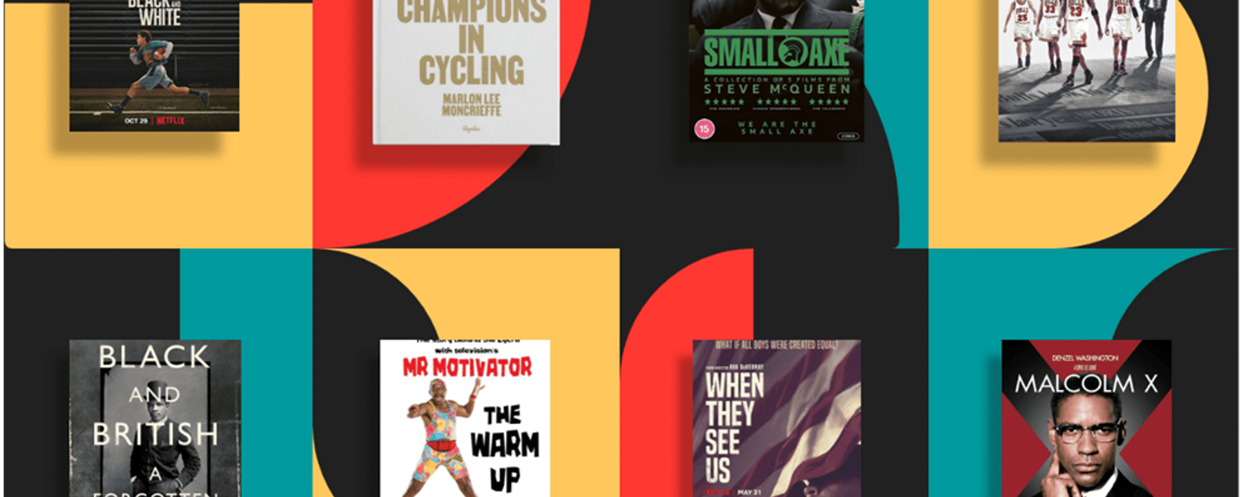 Collage of eight book and film covers related to Black history and culture.