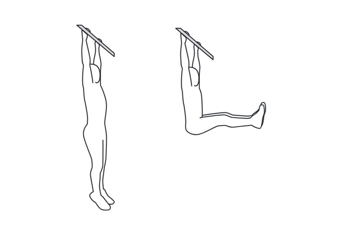 Person performing hanging leg raises on a pull-up bar in two positions.