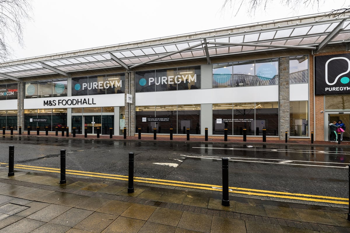PureGym Newry: M&S Food Hall exterior with signage for PureGym fitness centre.