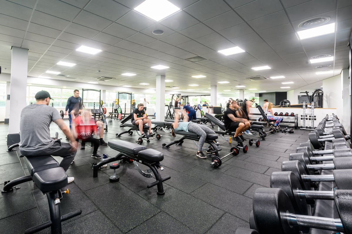 PureGym Newcastle Longbenton: Rows of treadmills, weight benches, dumbbells, and cardio machines in a well-lit gym interior.