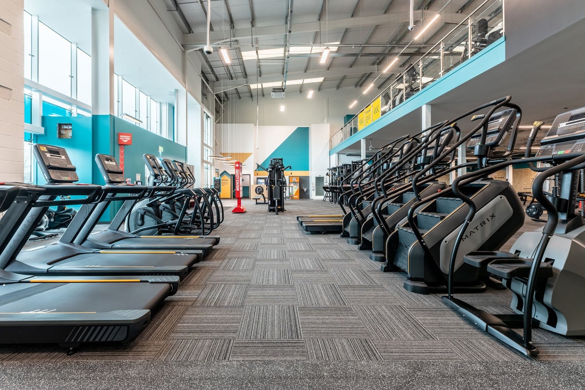 PureGym Caerphilly: Rows of treadmills and ellipticals on rubberized flooring in a brightly lit gym.