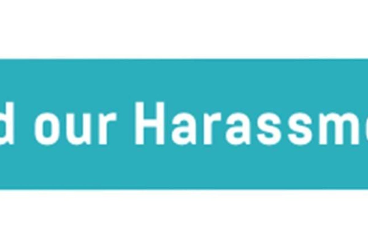 Teal banner labelled Read our Harassment Polivy with pdf document icon to the left