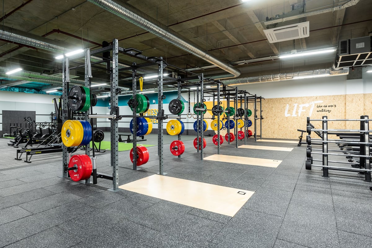 PureGym Uxbridge: Racks with varied coloured weight plates, rubberised gym flooring, rigs.