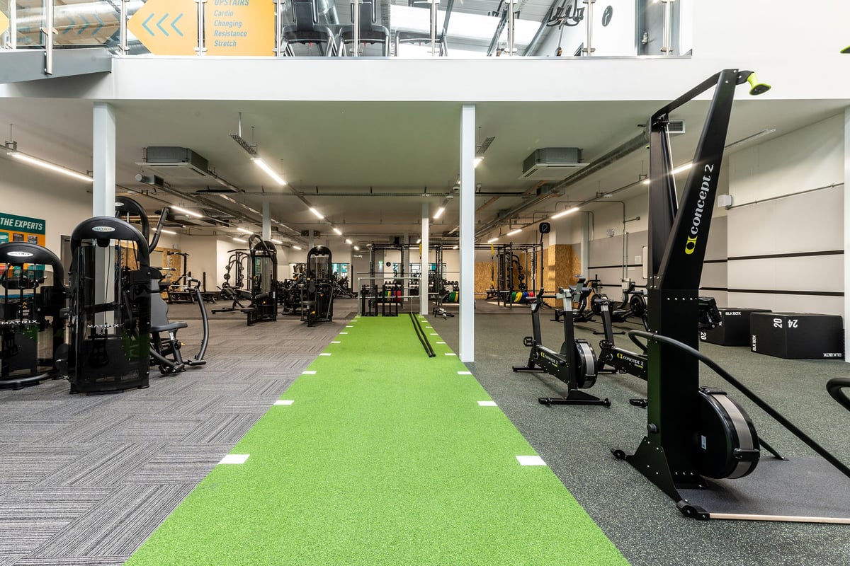 PureGym Chippenham: Resistance machines, free weights, green turf area in a gym interior.