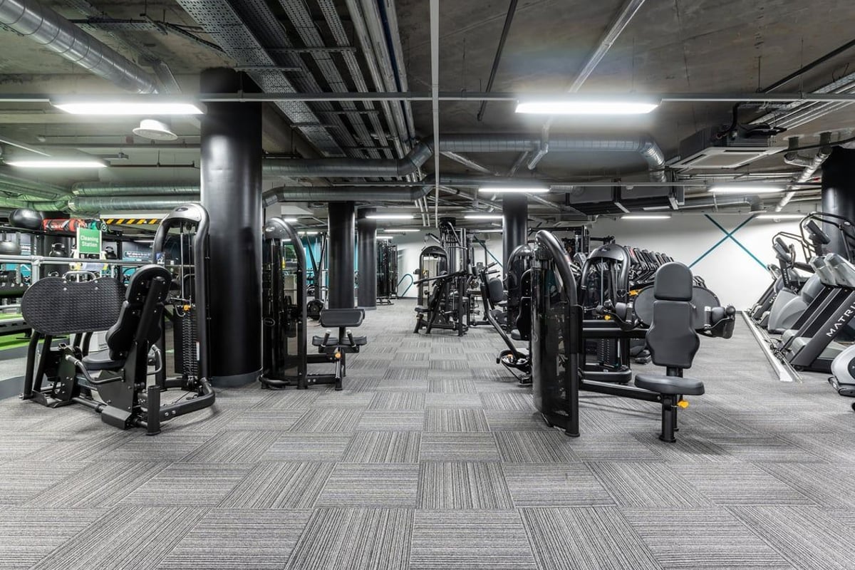 PureGym London Camberwell New Road: Weight machines, free weights, benches, and rubberized flooring in a basement gym space.