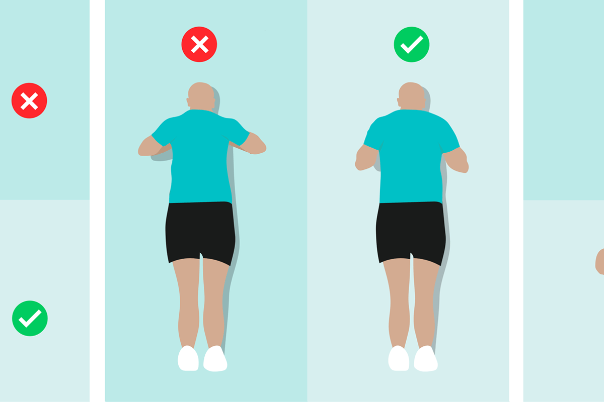 Man demonstrating correct and incorrect push-up, wall push-up, and plank positions