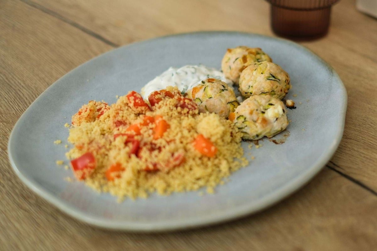 Fruity Turkey meatballs with roasted vegetable couscous and lemon yoghurt sauce