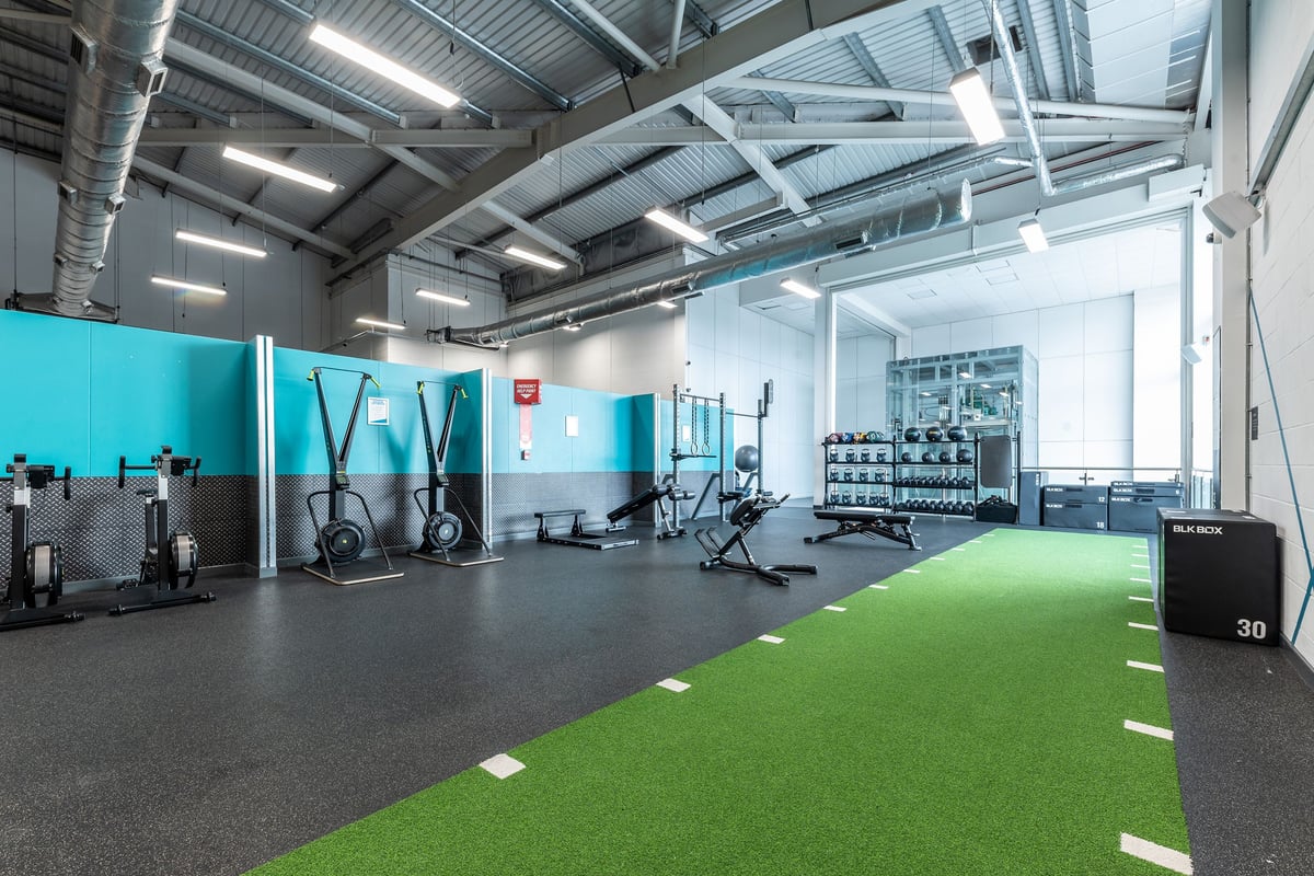 PureGym Birmingham West: Functional training area with green turf, free weights, weight racks, and exercise equipment.