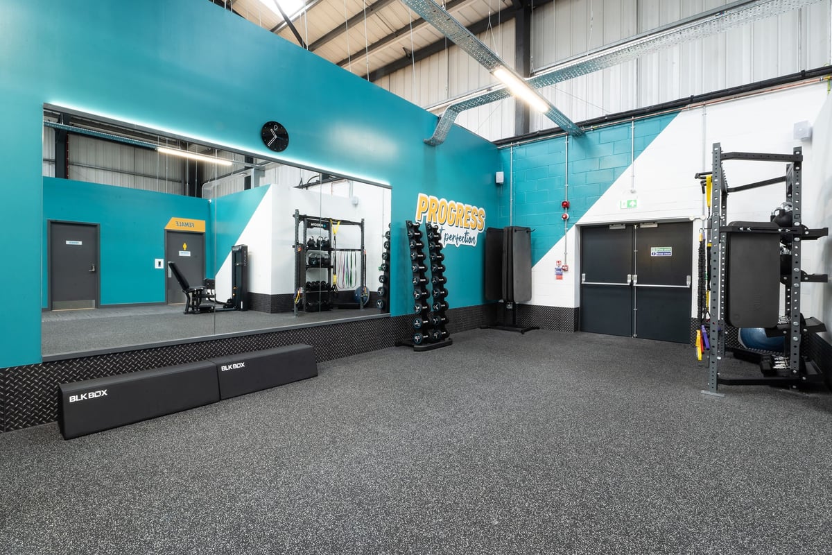 PureGym Dover: Strength area with dumbbell racks, weightlifting platforms, squat stands, and rubberized flooring.